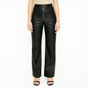 Black Faux Leather Pants High Waist Wide Leg Straight Leg Trousers Sz 14